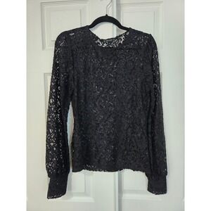 Stella & Dot Womens Black Floral Lace Long Sleeve Blouse Crew Neck Top Size M